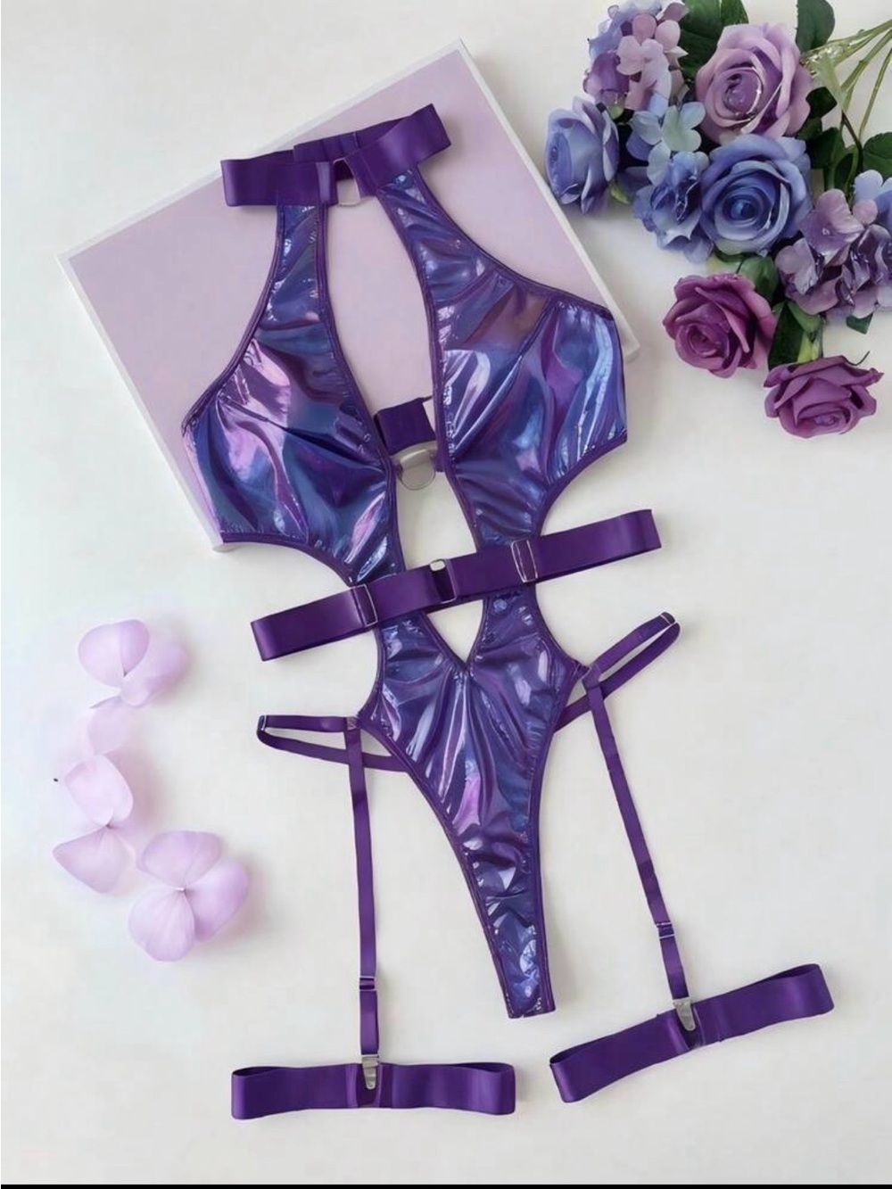 Metallic Holographic Purple Rave Bodysuit Garter Set Festival Outfit Small